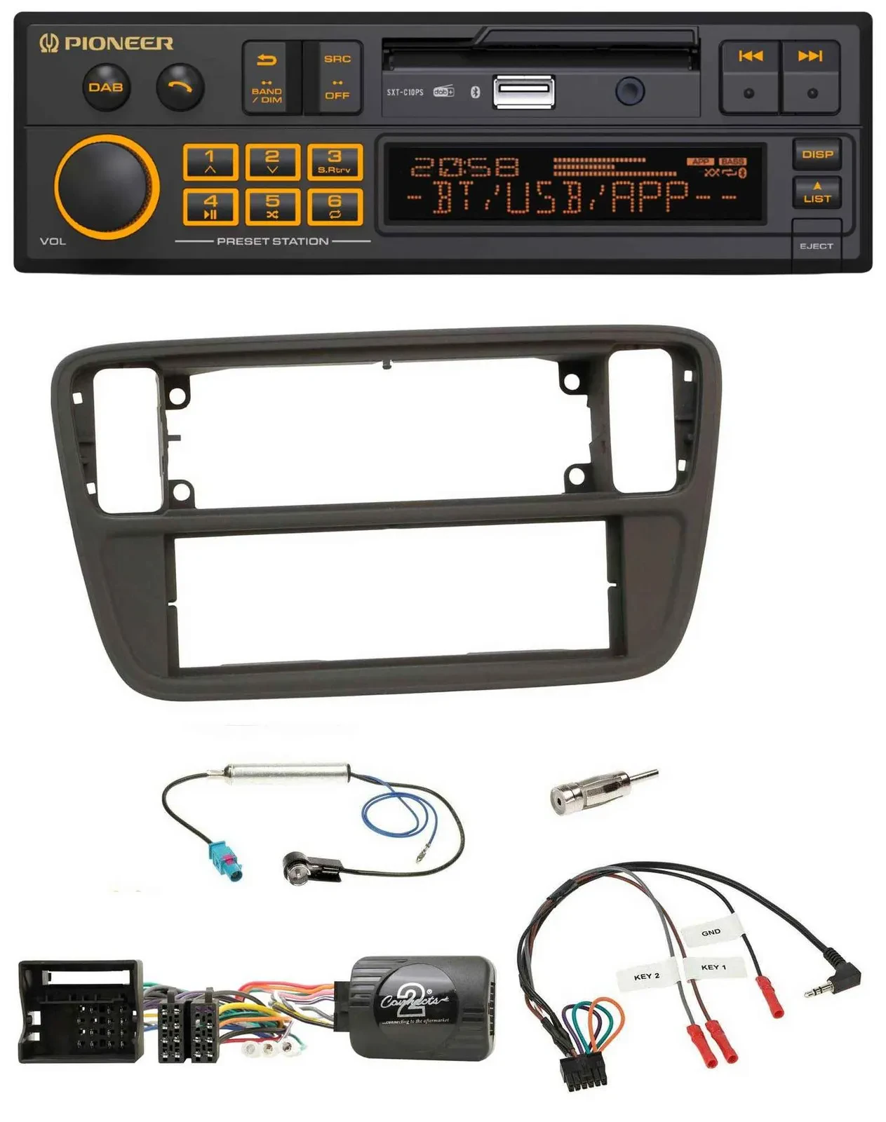 Автомагнитола для VW Up Pioneer DAB, Bluetooth, USB, поддержка управления с руля, черная (2011–2016)