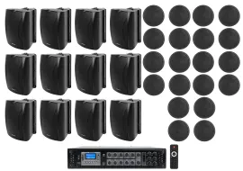 12) Black 5.25" Wall+20) 5" Ceiling Speakers+70v Amp For Restaurant/Office/Hotel