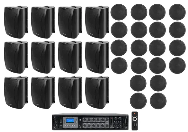 12) Black 5.25" Wall+20) 5" Ceiling Speakers+70v Amp For Restaurant/Office/Hotel