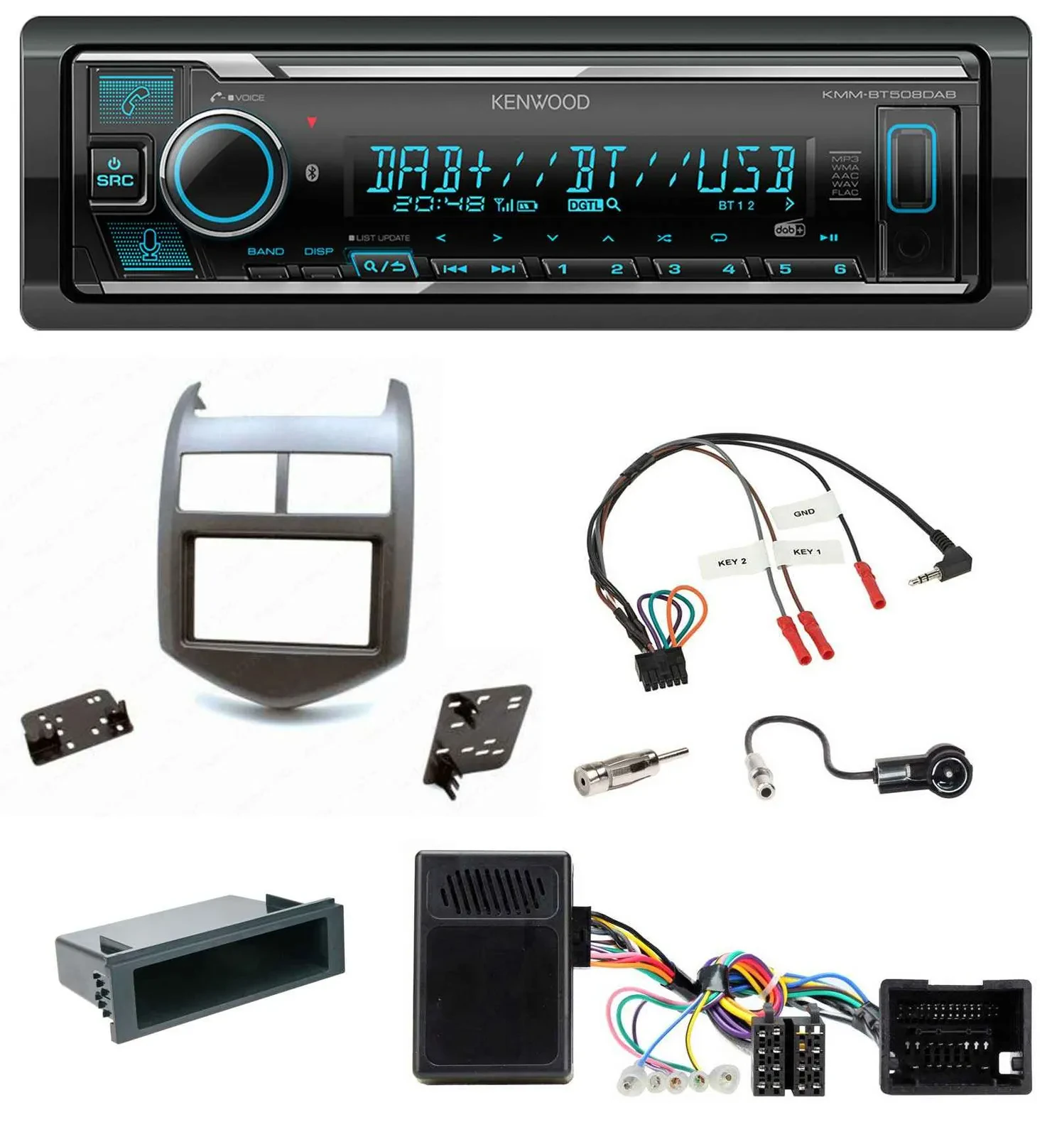 Kenwood Bluetooth Lenkrad DAB USB Autoradio für Chevrolet Aveo ab 11 dunkelgraum