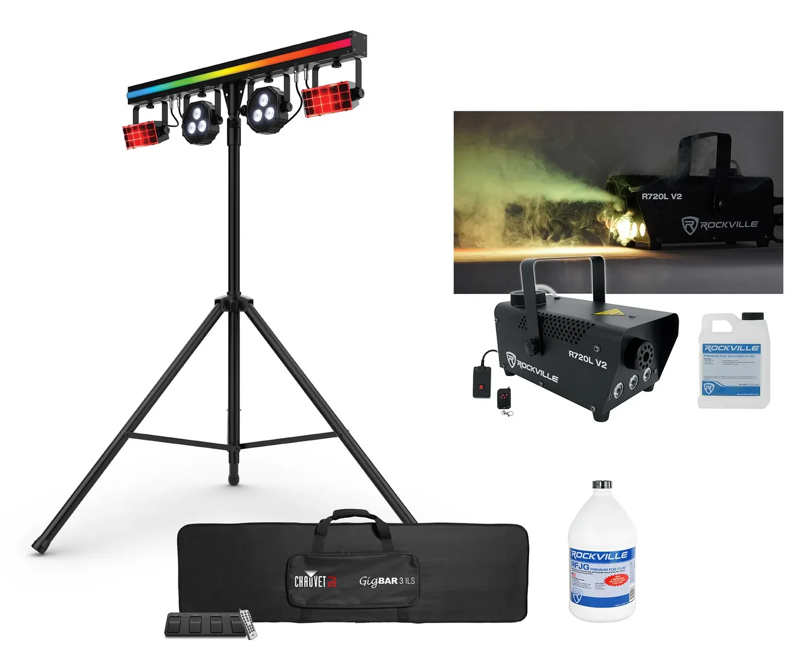 Chauvet DJ GIGBAR 3 ILS Light Bar w/2) Derby/Pars/Strip+Tripod+Footswitch+Fogger