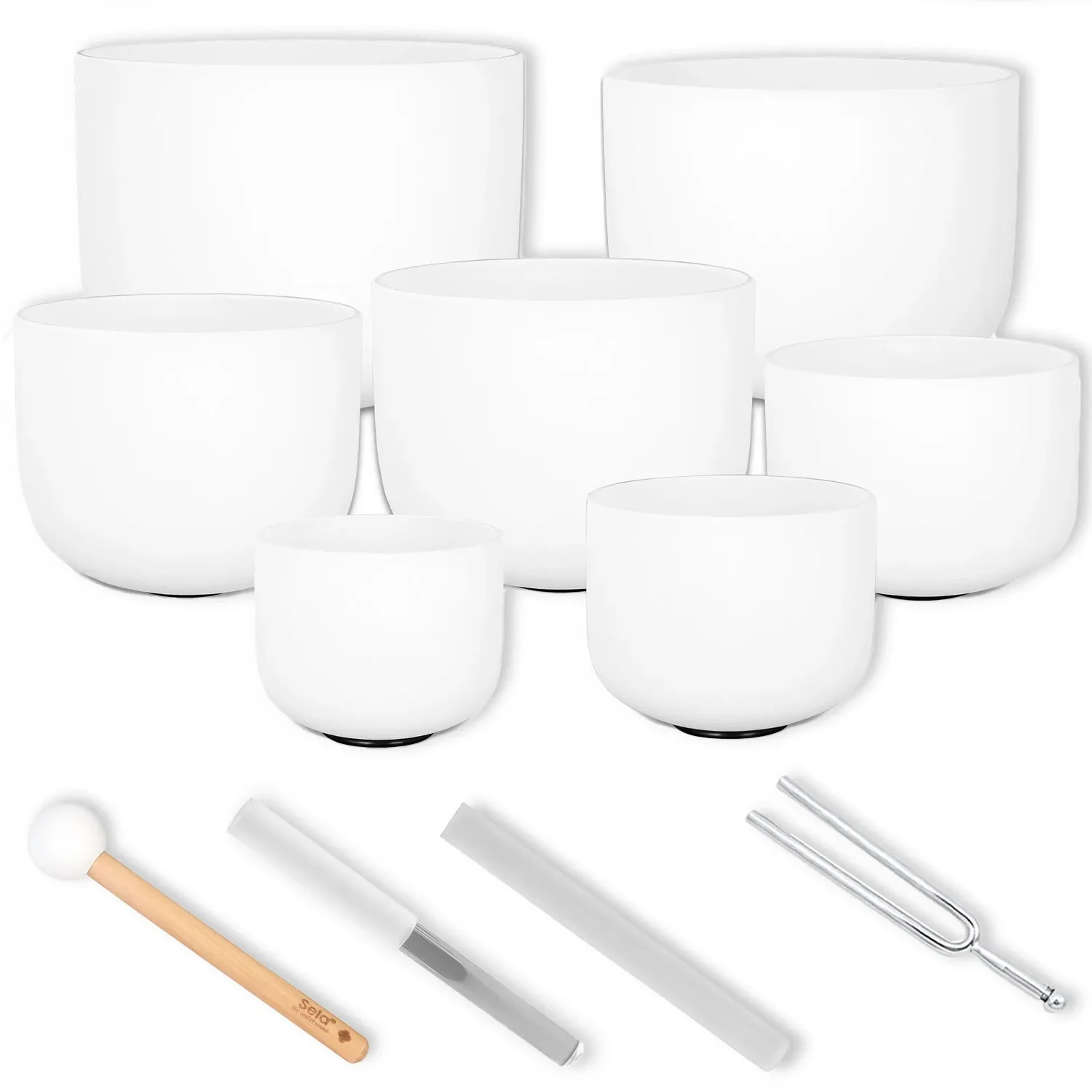 Sela Klangschalen Set SECF-SET 7-teilig aus Quarz mit keepdrum Stimmgabel