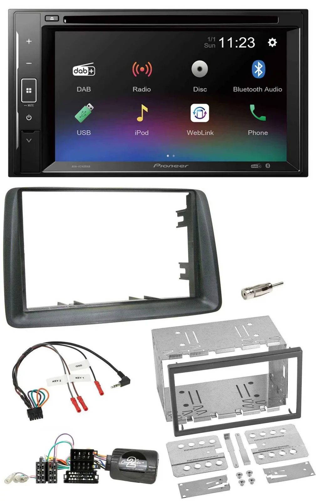 Автомагнитола Pioneer 2-DIN, Bluetooth, USB, DAB, DVD, для Fiat Panda (2007–2012), серый