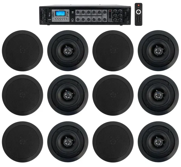 Rockville 6-Zone 70v Amplifier+(12) 5.25" Black 2Way Restaurant Ceiling Speakers