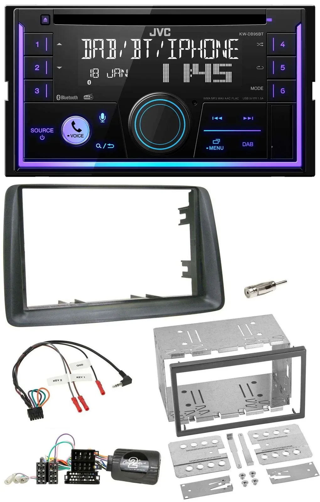 Автомагнитола JVC 2DIN DAB, Bluetooth, CD для Fiat Panda 2007–2012 серый