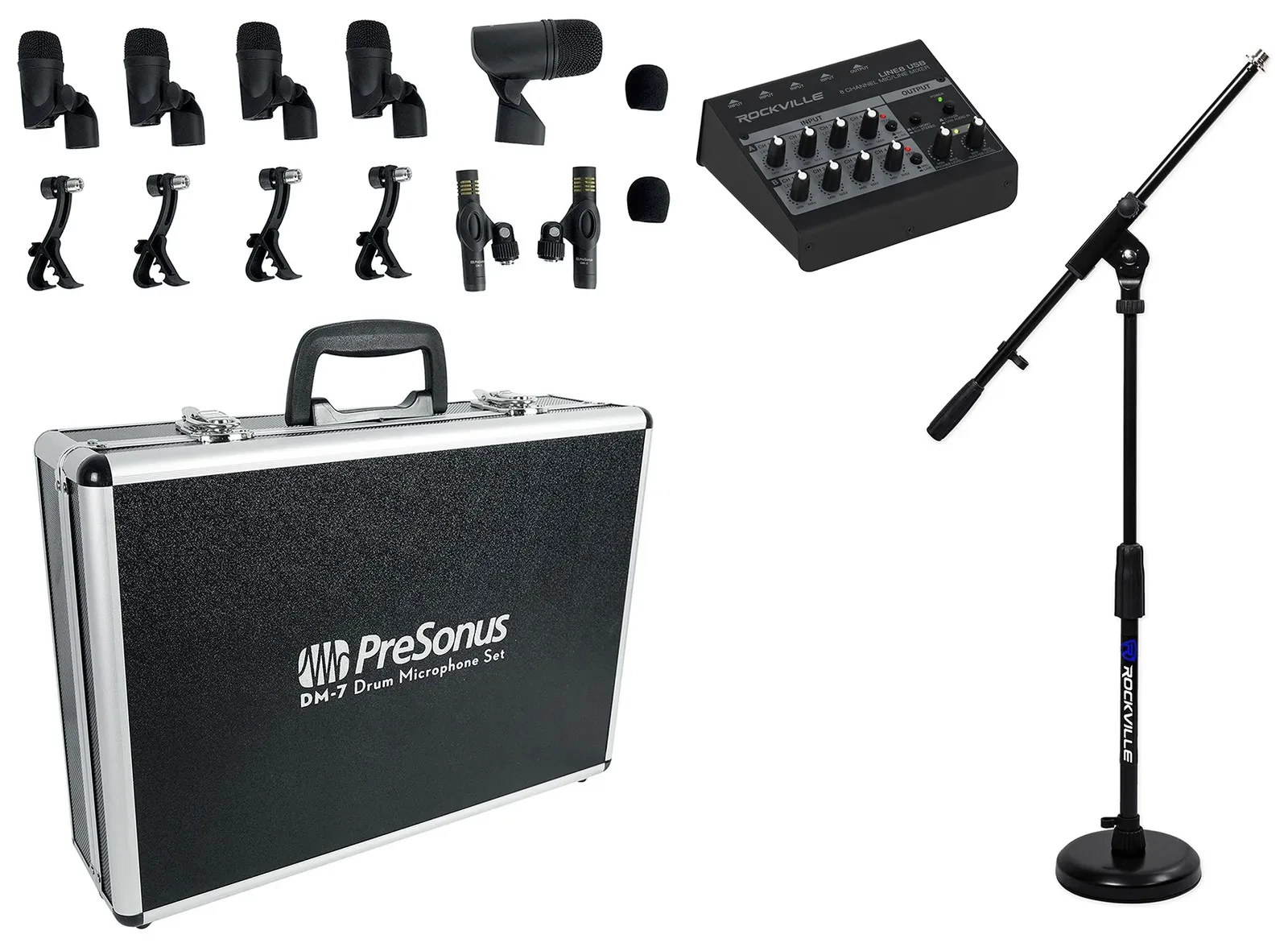 Набор инструментальных микрофонов для ударных PreSonus DM-7 7 шт., с кейсом, USB-микшером и стойкой