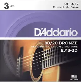 EJ13-3D Bronze 80/20 Струны для акустической гитары, бронза, 11-52, 3 комплекта, D'Addario