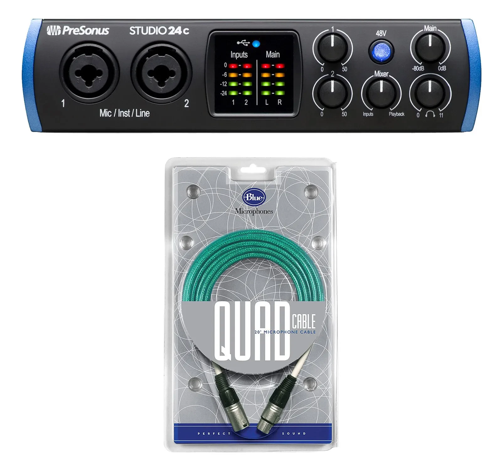 Presonus STUDIO 24C 2x2 USB-C Audio MIDI Recording Interface + Blue XLR Cable