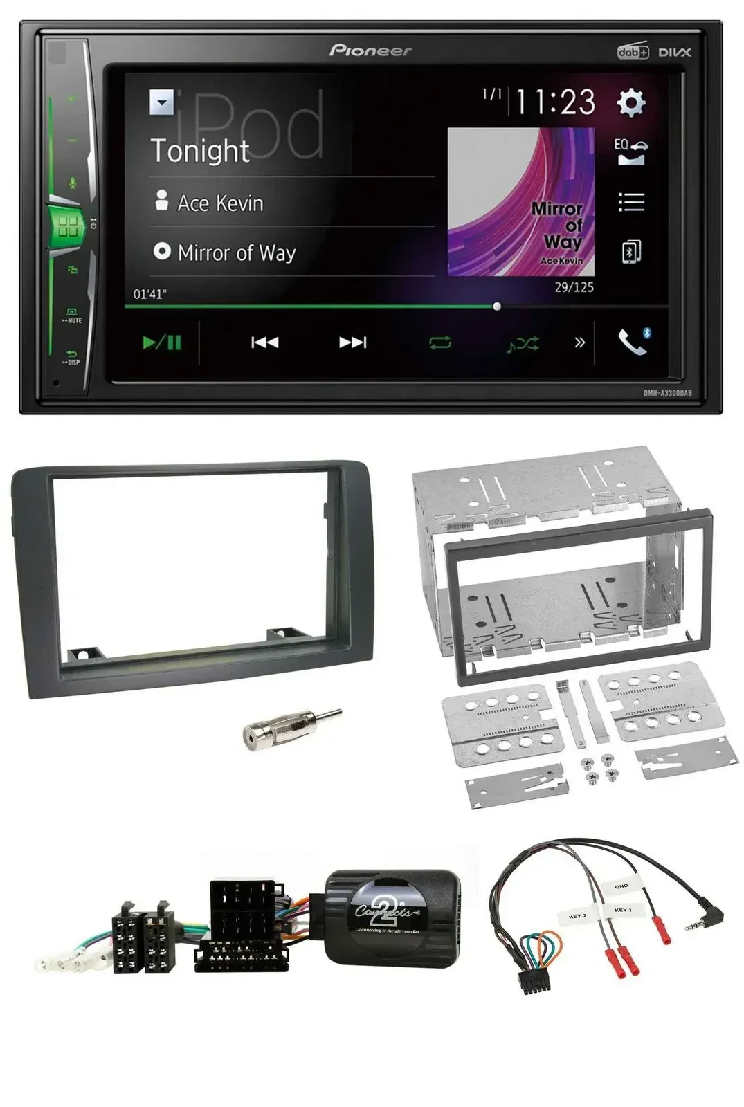 Автомагнитола для Fiat Idea (2006–2012) Pioneer 2 DIN, DAB, USB, Bluetooth, серый, поддержка управления на руле