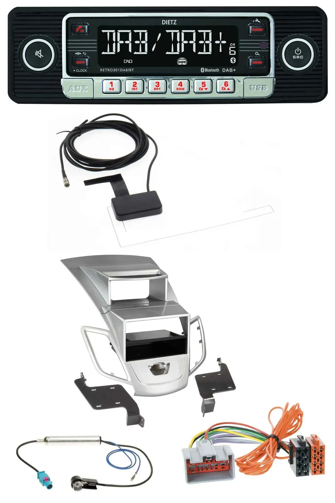 Dietz DAB Bluetooth USB MP3 Autoradio für Ford Fiesta Display 08-10 silber