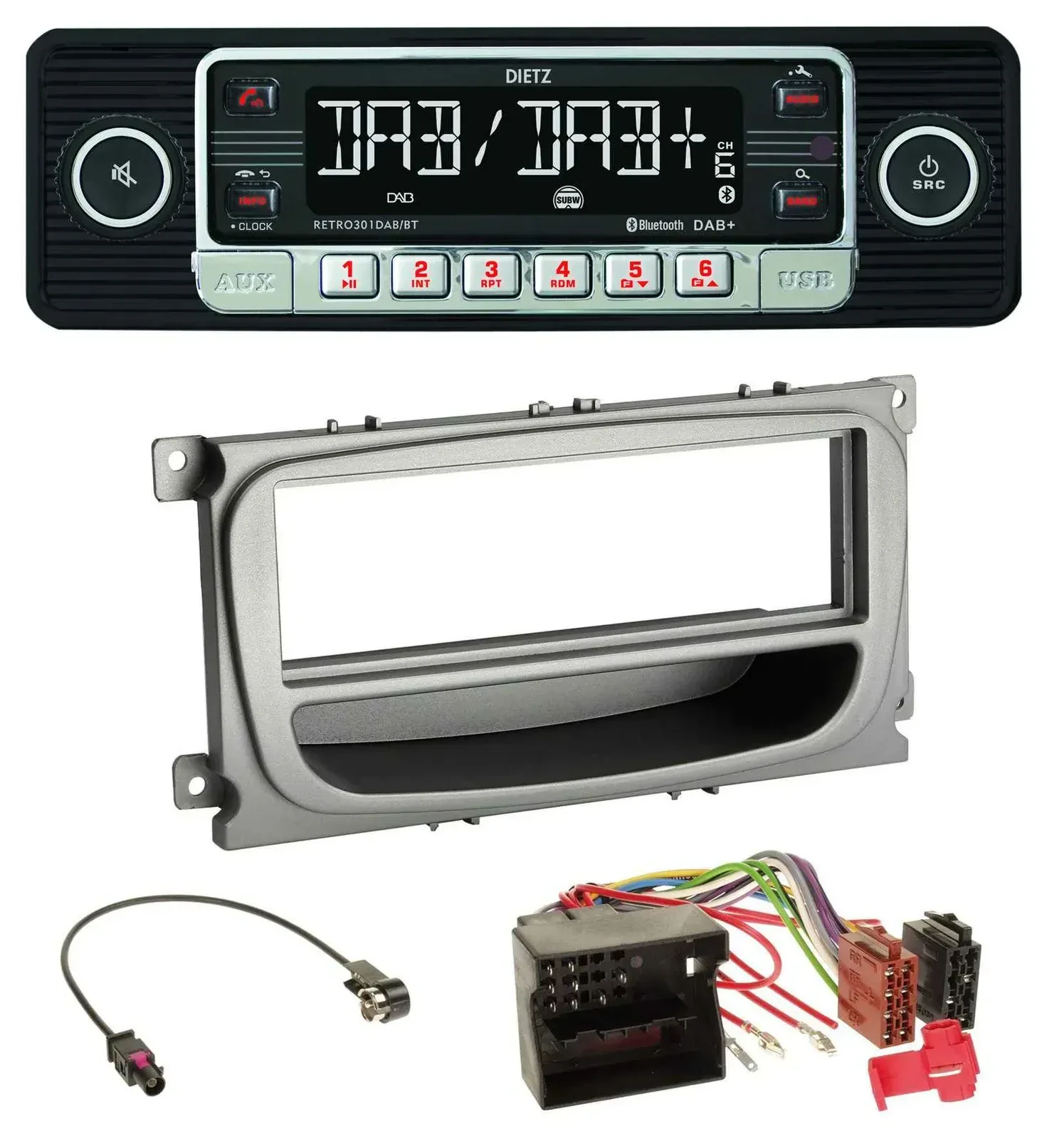 Автомагнитола Dietz USB DAB MP3 Bluetooth для Ford Mondeo/S-Max (2007–2014) серебристая