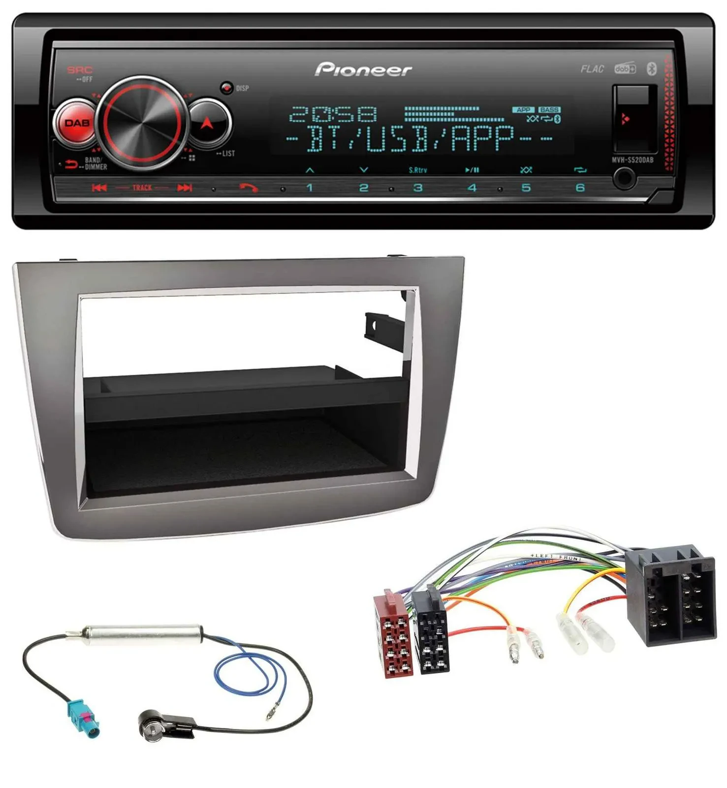 Автомагнитола для Alfa Romeo MiTo (955, 2008–2014) Pioneer Bluetooth, USB, MP3, DAB, ISO, темная