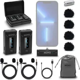 Movo Photo WMX-2-L-DUO Dual Wireless Lav Mic System w/Charging Case for iPhone