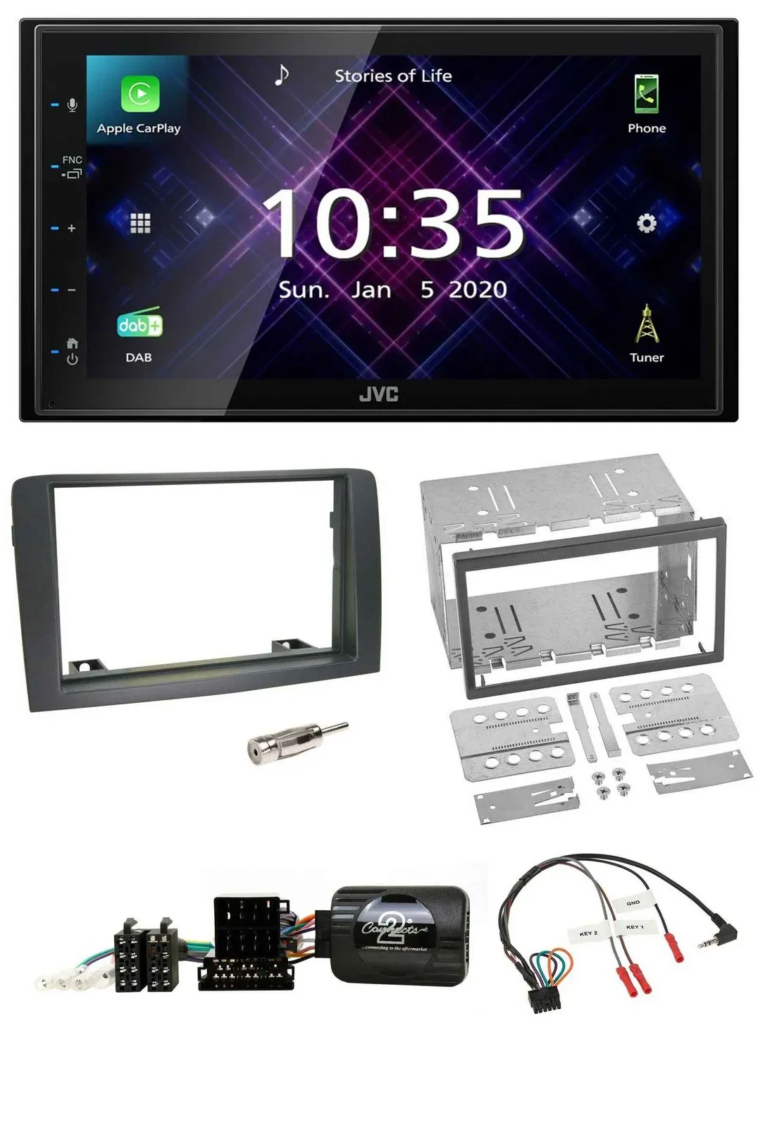 Автомагнитола JVC 2 DIN DAB, Bluetooth, USB, для Fiat Idea 2006–2012, серый, поддержка управления с руля