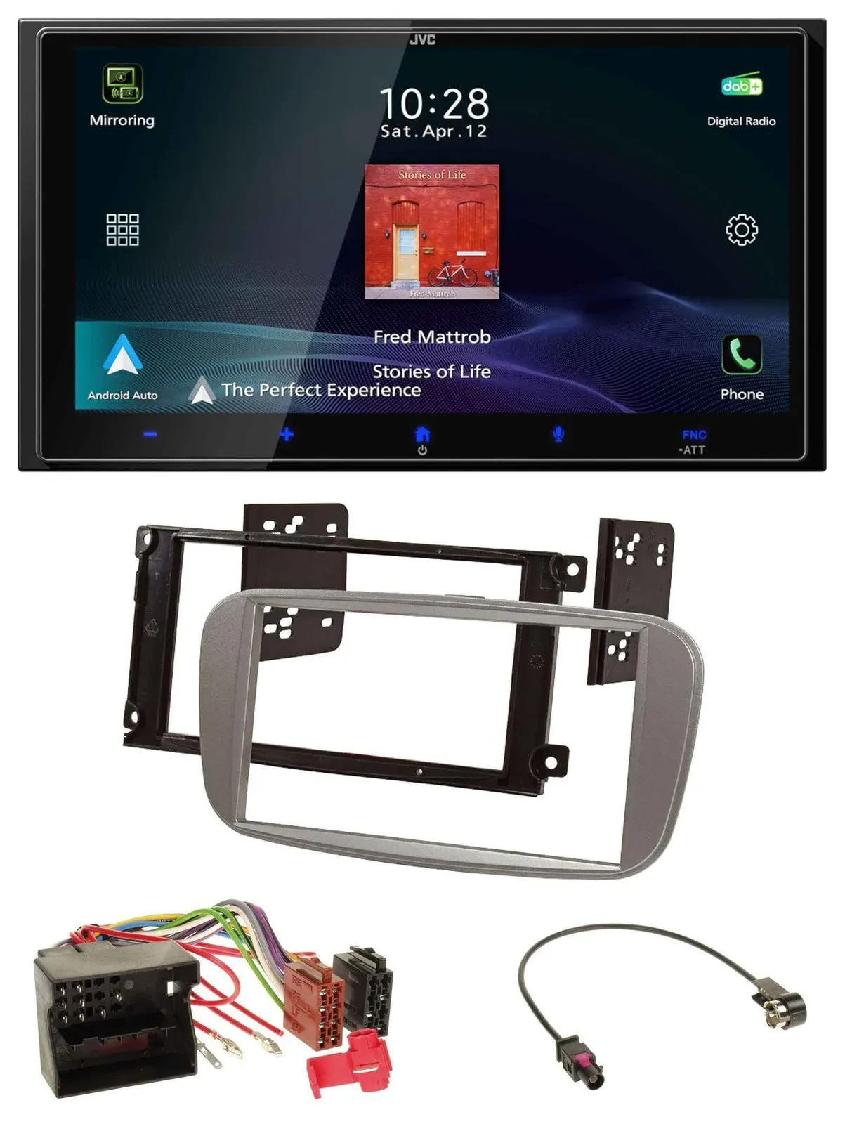 Автомагнитола JVC 2DIN USB Bluetooth DAB MP3 для Ford Focus/Galaxy/C-Max (с 2007), серебристый