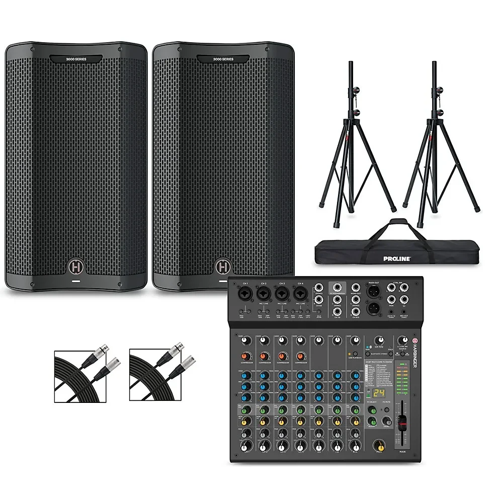Harbinger VARI 3412 12" Powered Speakers Package w/LX12 Mixer, Stands and Cables