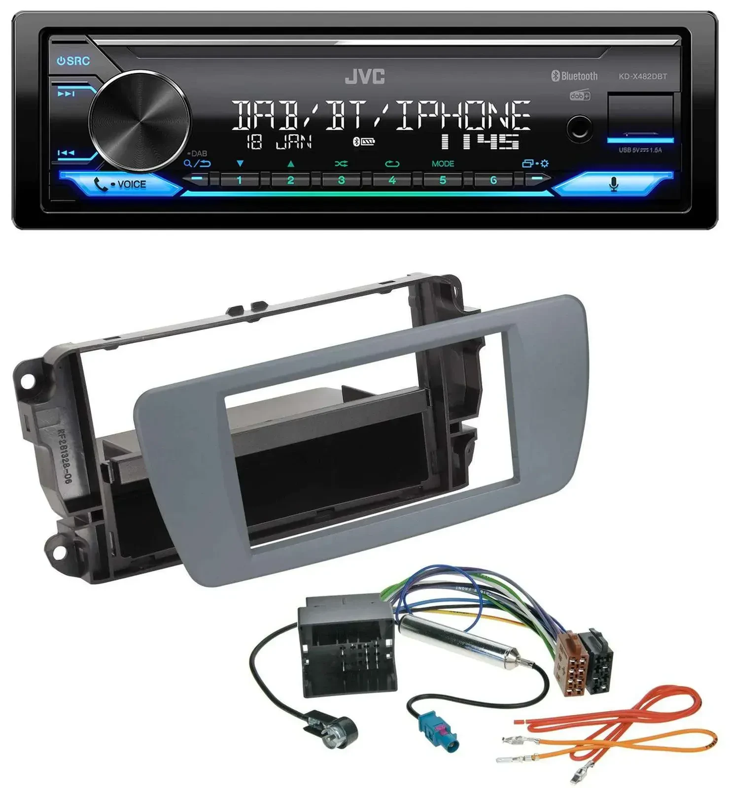 Автомагнитола для Seat Ibiza (с 2008) JVC Bluetooth, DAB, USB, MP3, серый