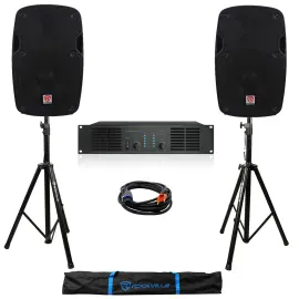 Pair Rockville SPG84 8" DJ PA Speakers+Pro Power Amplifier+Stands+Cables+Bag