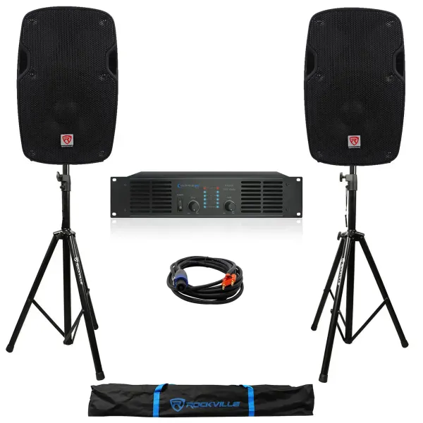 Pair Rockville SPG84 8" DJ PA Speakers+Pro Power Amplifier+Stands+Cables+Bag