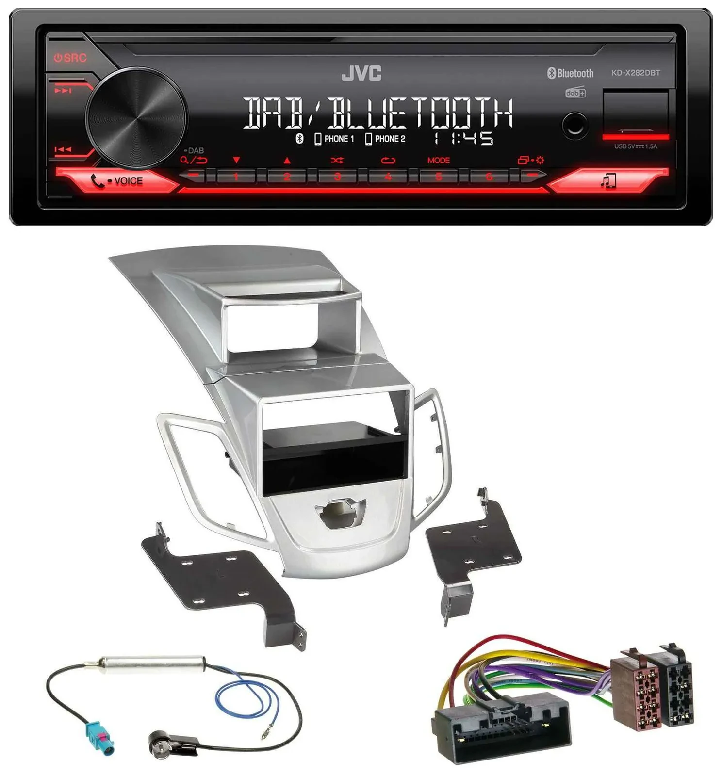 JVC Bluetooth USB DAB MP3 Autoradio für Ford Fiesta Display 10-17 silber