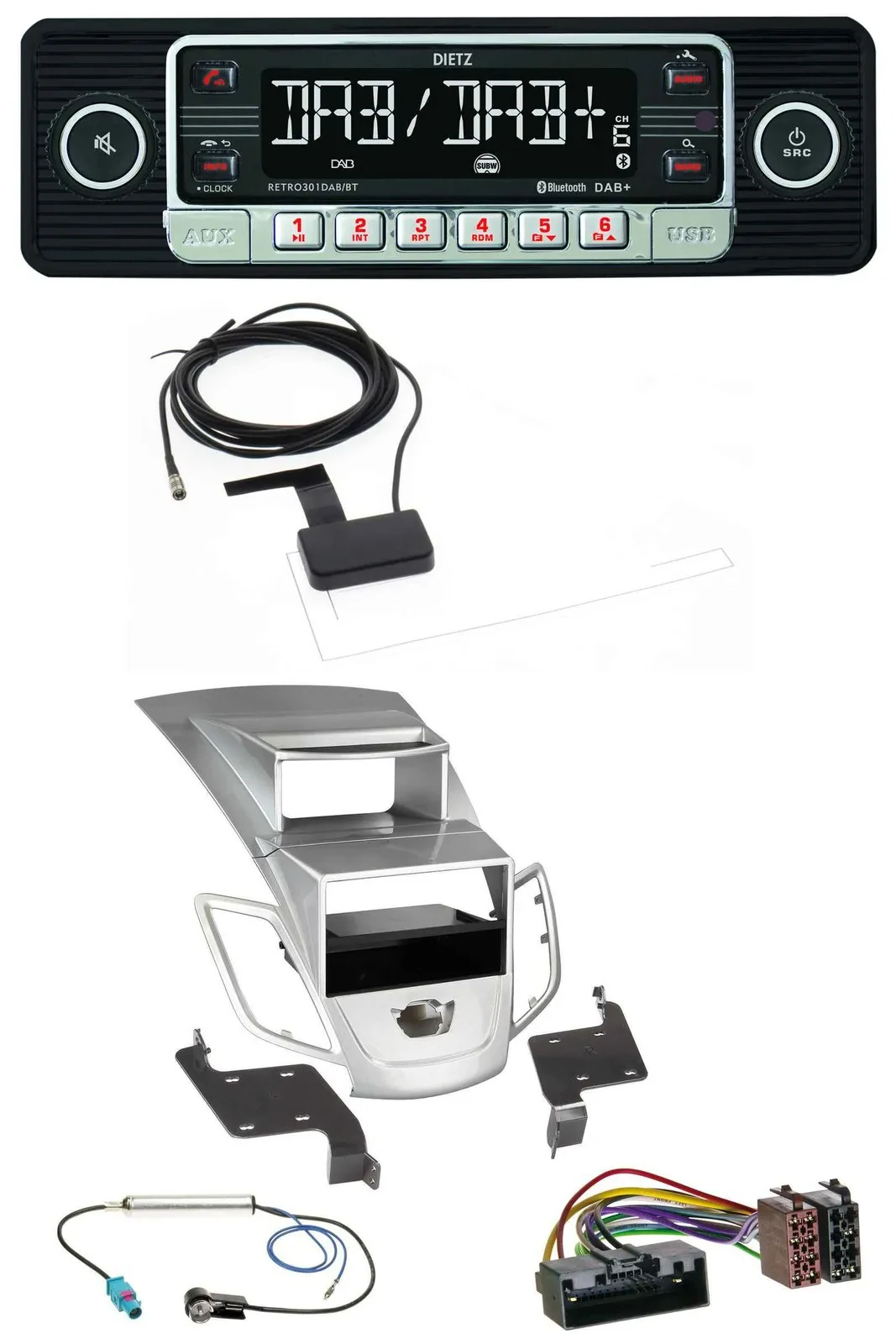 Dietz DAB Bluetooth USB MP3 Autoradio für Ford Fiesta Display 10-17 silber