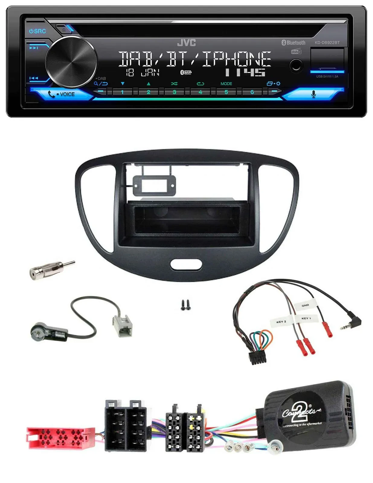 JVC Bluetooth Lenkrad USB DAB CD Autoradio für Hyundai i10 ISO 2009-2013 schwarz