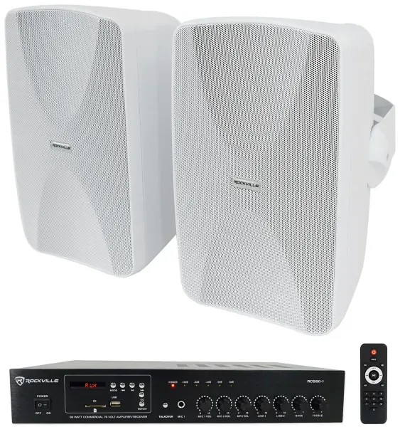 Rockville Commercial/Restaurant Bluetooth Amplifier+(2) White 6.5" Wall Speakers