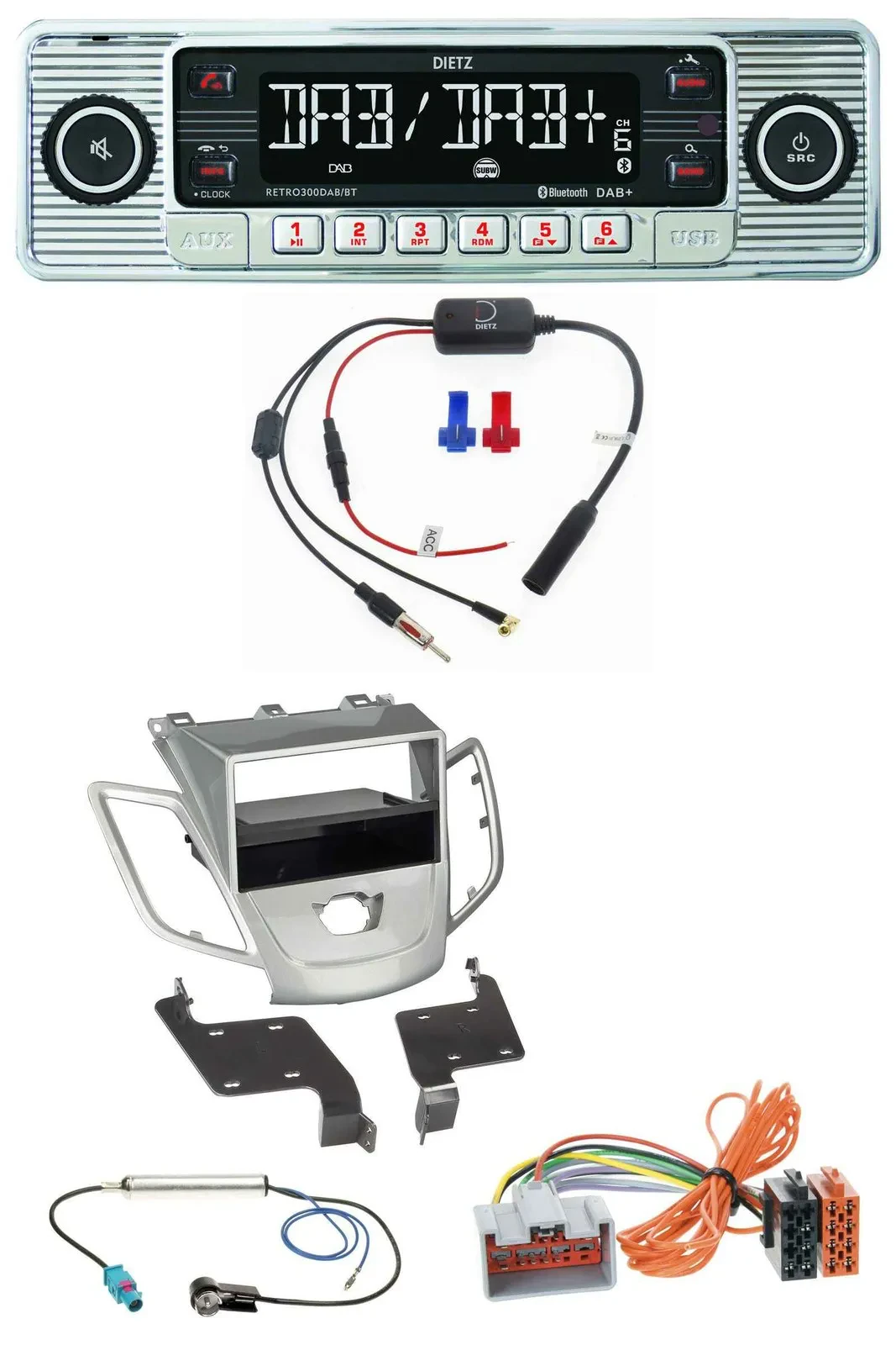 Автомагнитола Dietz DAB USB MP3 Bluetooth для Ford Fiesta 2008–2010 JA8, без дисплея, серебристая