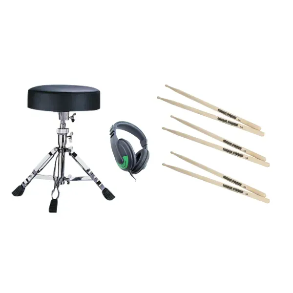 E-Drum Zubehör Pack, 3x 5A Hickory Sticks, Kopfhörer, Hocker, Practice Pad