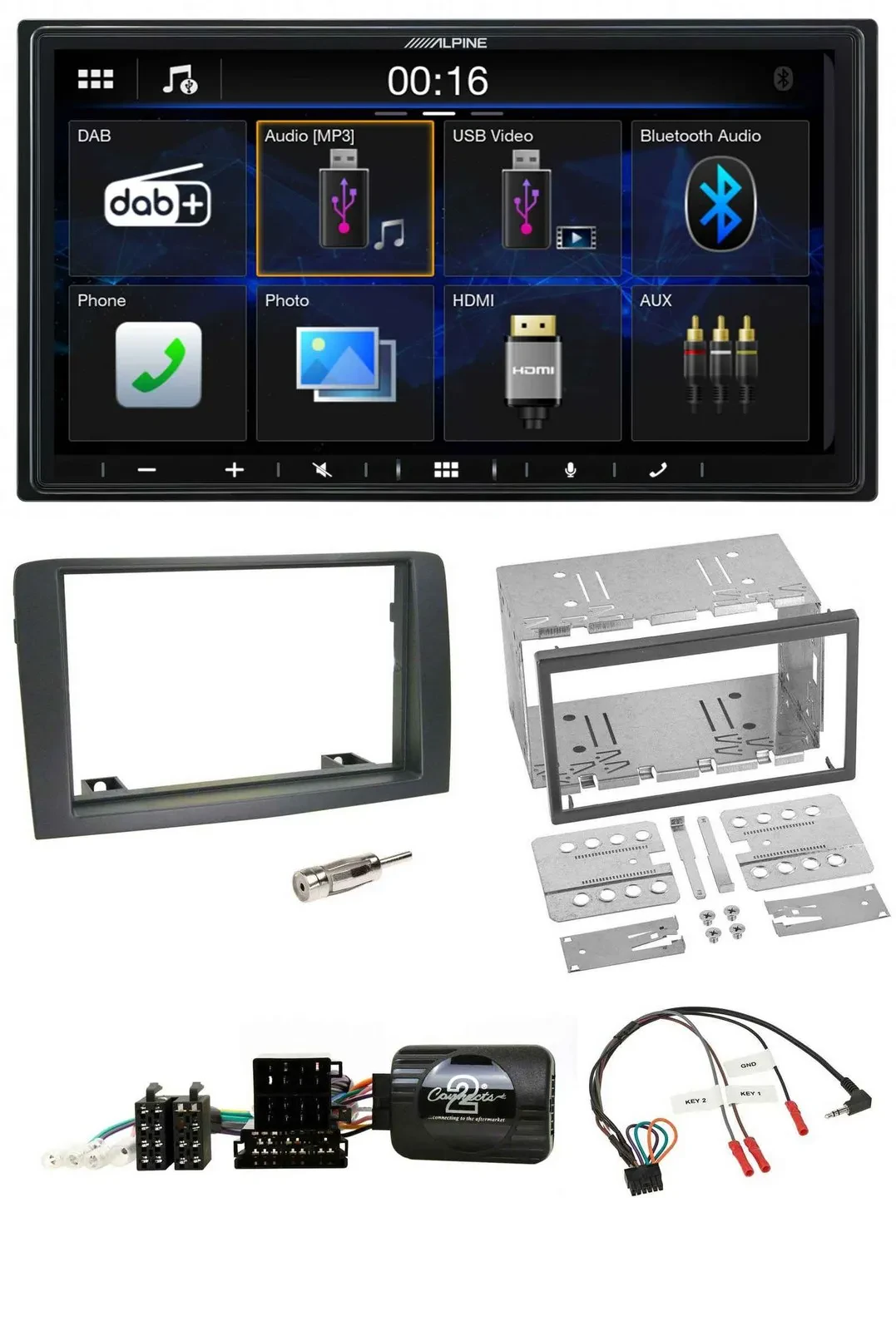 Alpine Bluetooth 2DIN Lenkrad DAB USB Autoradio für Fiat Idea 2006-2012 grau