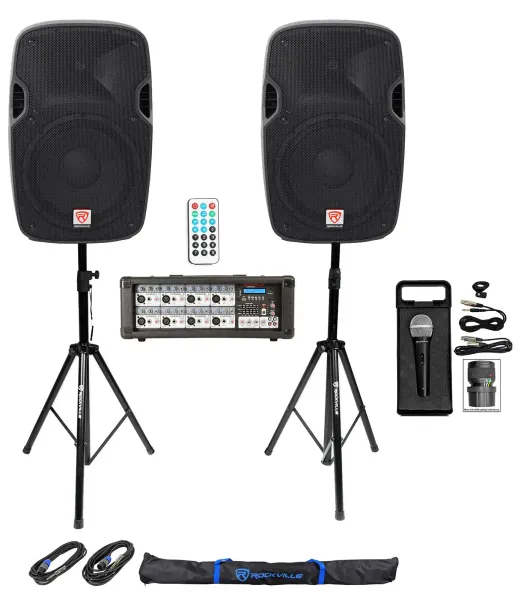 2) Rockville SPGN128 12" 1200W DJ PA Speakers+Powered Bluetooth Mixer+Stands+Mic