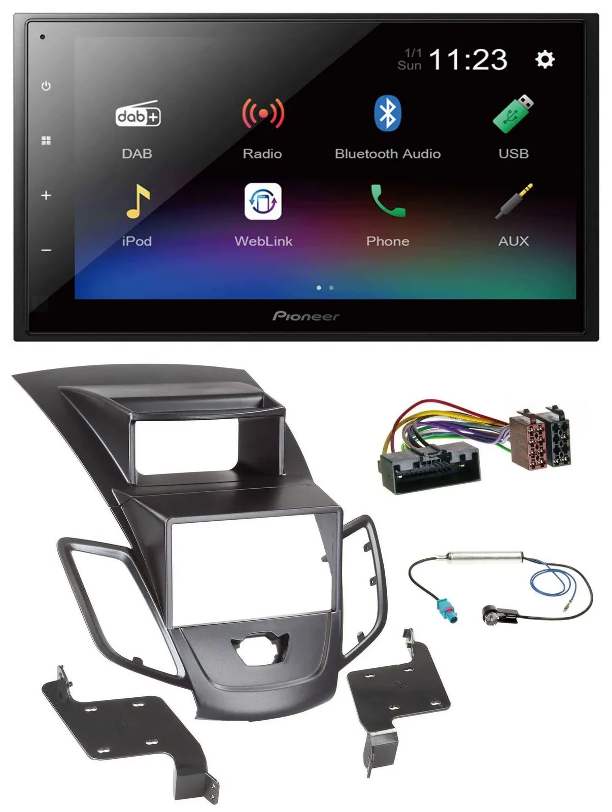 Автомагнитола Pioneer 2 DIN, USB, Bluetooth, DAB, MP3 для Ford Fiesta 2010–2017, черная
