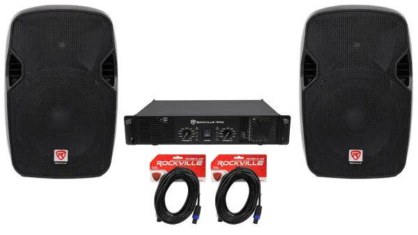 (2) Rockville SPGN124 12" 1200 Watt DJ PA Speakers+Power Amplifier+Cables