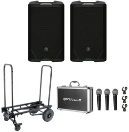 2) Mackie SRT215 15” 1600w Powered DJ PA Speakers+Transport Cart+3) Microphones