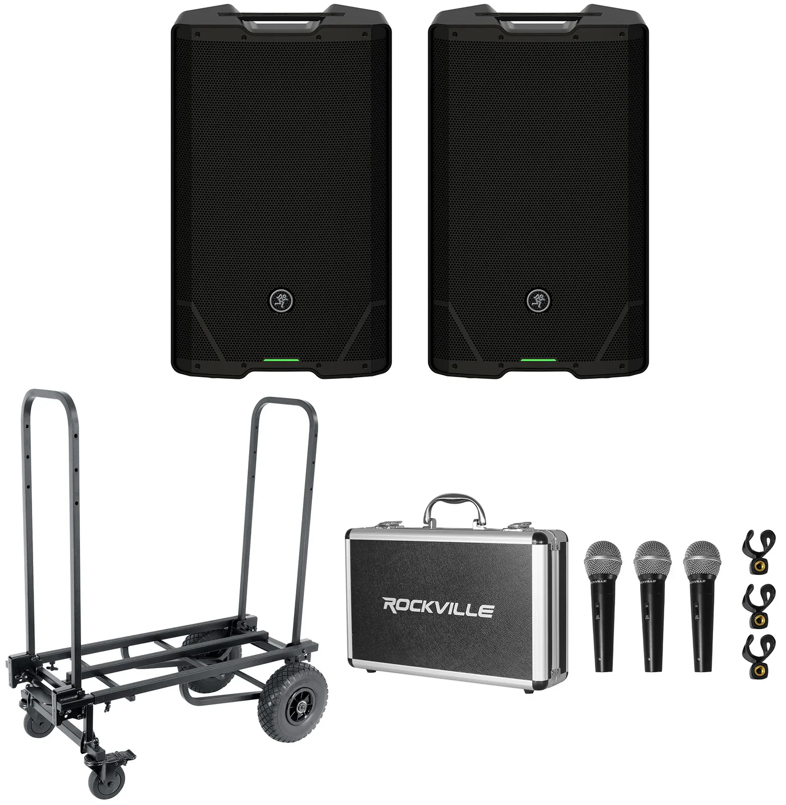 2) Mackie SRT215 15” 1600w Powered DJ PA Speakers+Transport Cart+3) Microphones