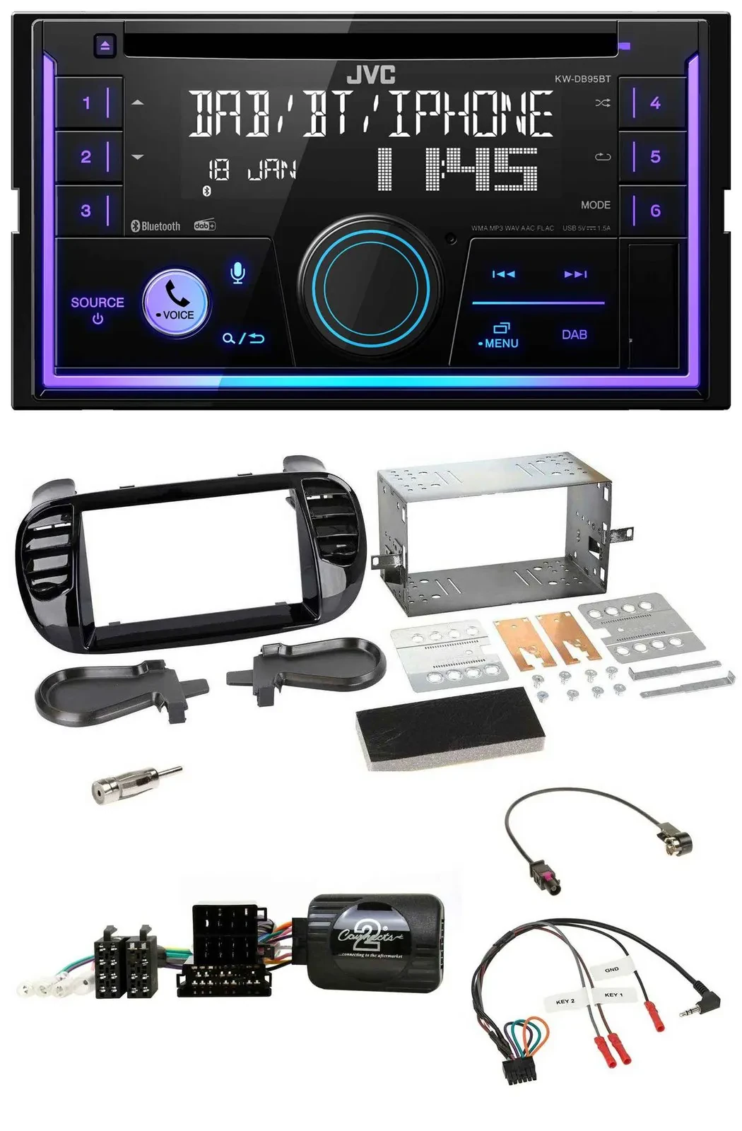 JVC Lenkrad USB 2DIN DAB Bluetooth CD Autoradio für Fiat 500 Fakra 08-15 schwarz