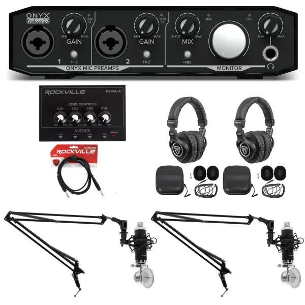 Mackie Podcast Podcasting Bundle w/ Interface+(2) Mics+(2) Headphones+Amp+Booms