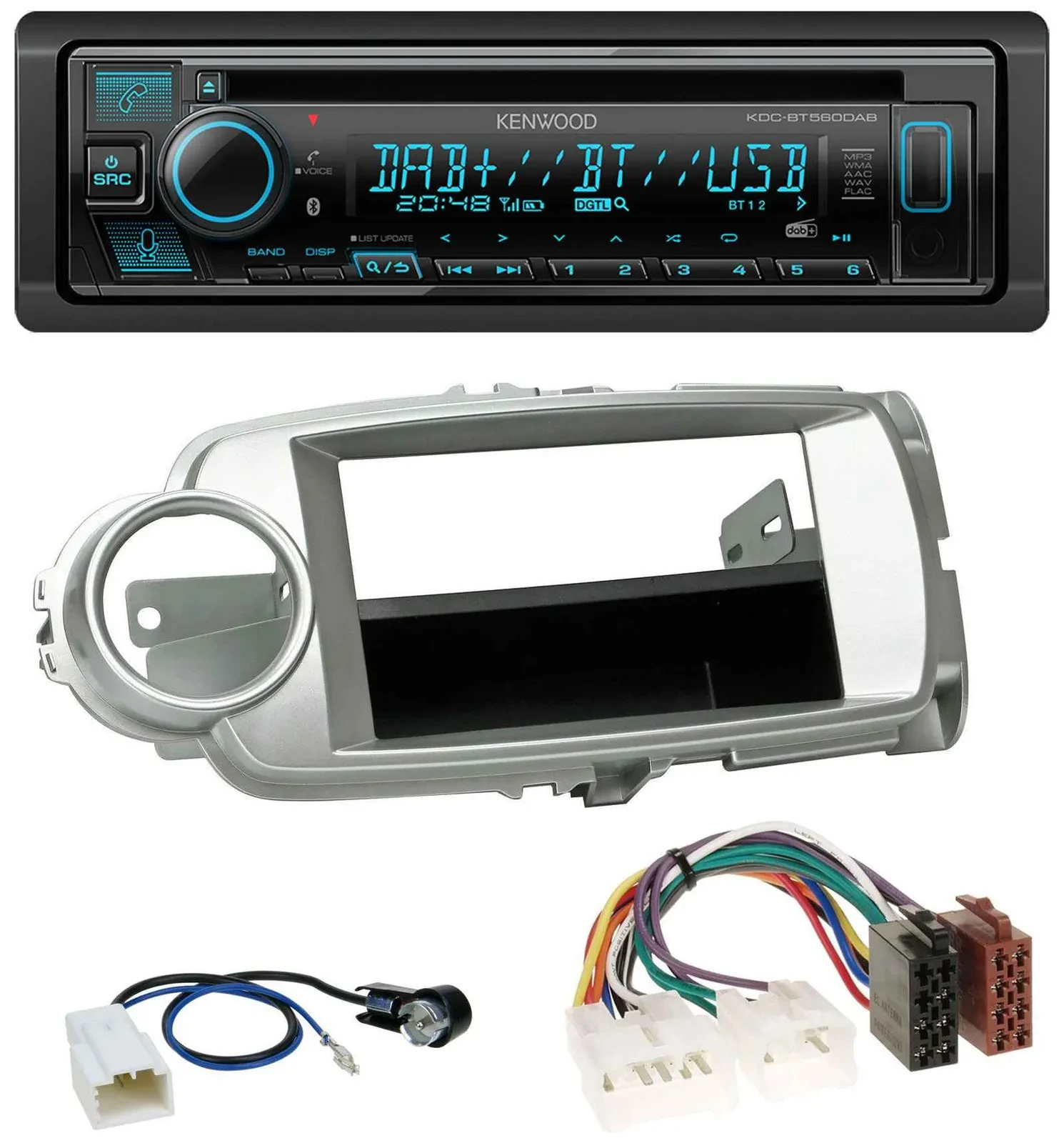 Автомагнитола Kenwood Bluetooth DAB CD MP3 USB для Toyota Yaris (2011–2014), серебристая
