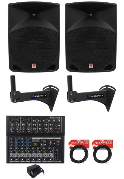 2) Rockville RPG10 10" Powered 600w Speakers+Wall Mounts For Restaurant/Bar/Cafe