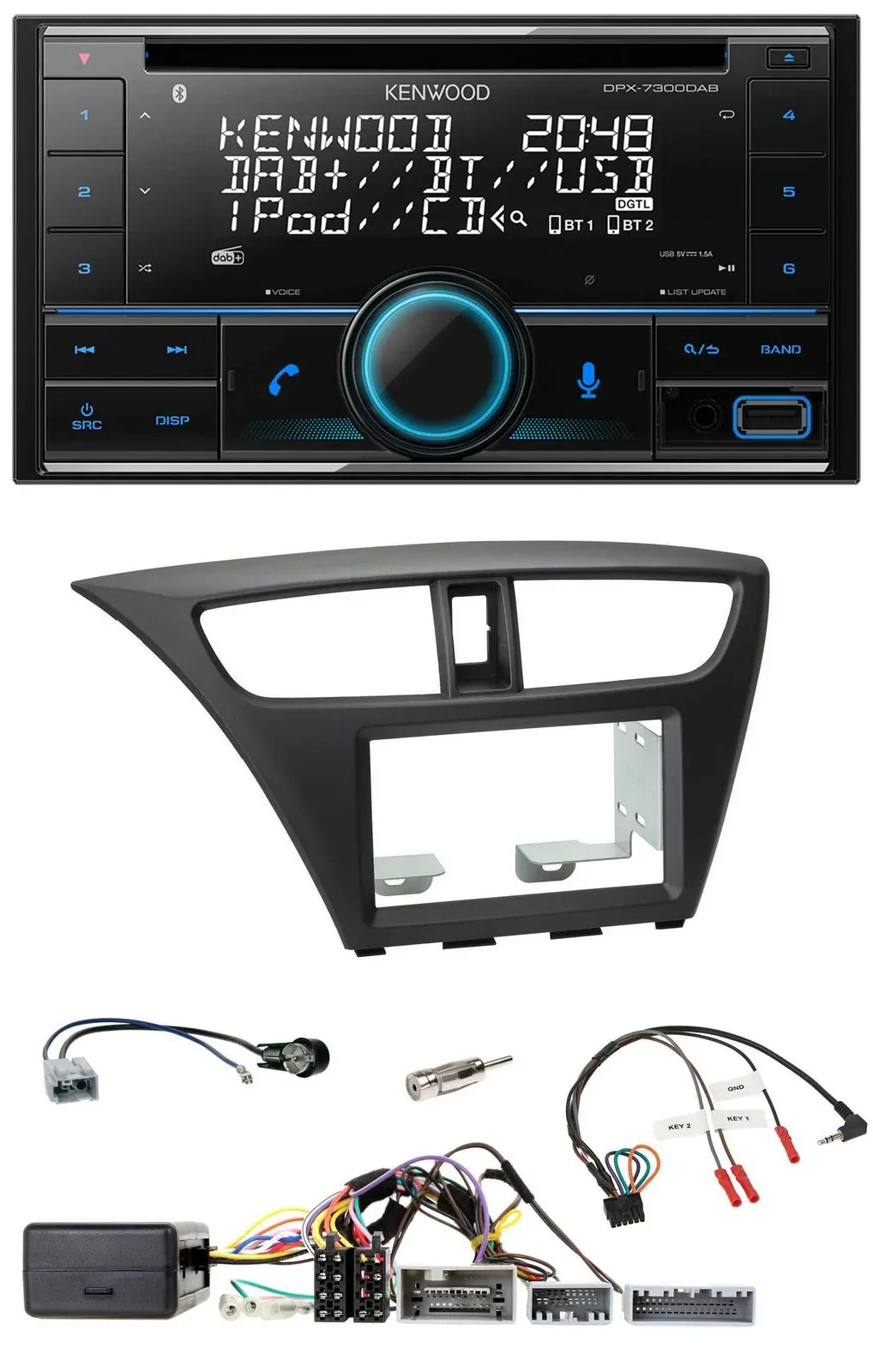 Автомагнитола для Honda Civic Kenwood 2-DIN CD DAB USB Bluetooth, черный, поддержка управления на руле