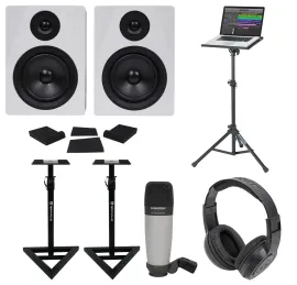 (2) Rockville 5.25" 250w Powered Studio Monitors+Stands+Headphones+Mic+Foam Pads