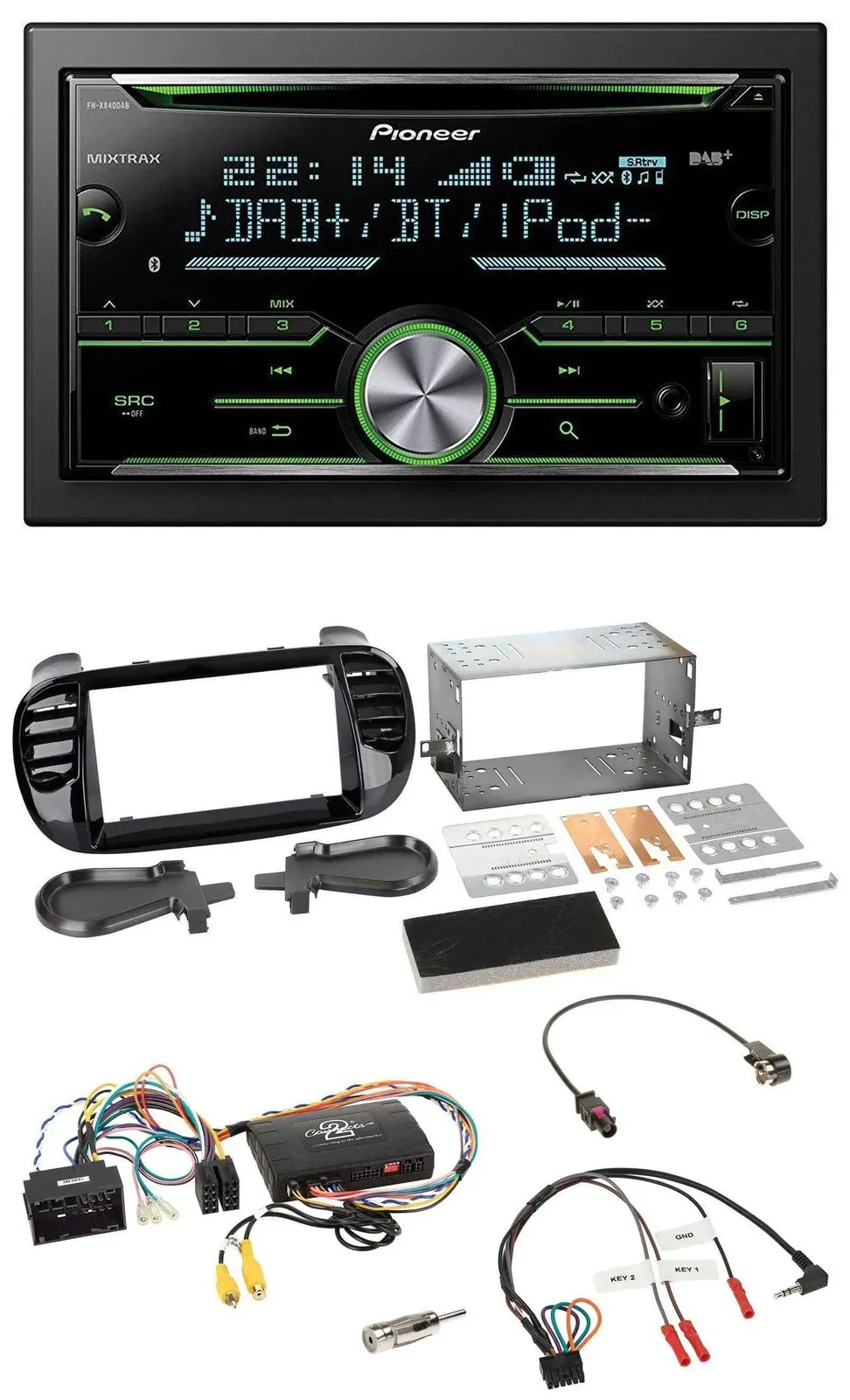 Pioneer Bluetooth Lenkrad DAB 2DIN USB CD Autoradio für Fiat 500 2014-2015 schwa