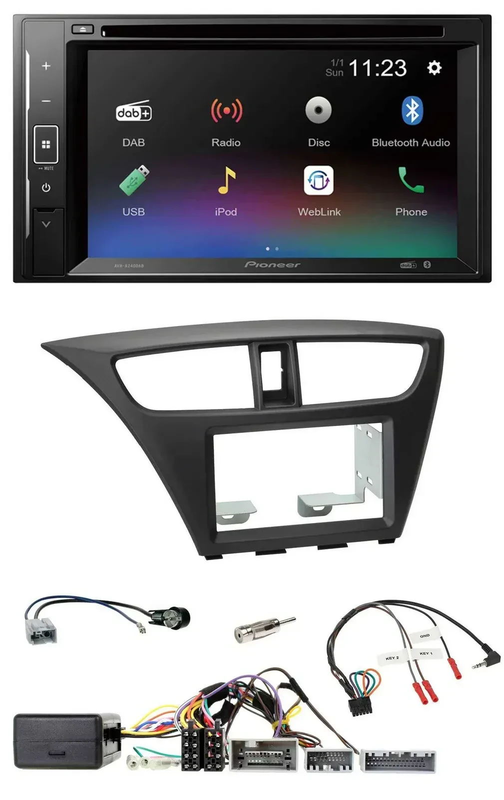 Автомагнитола Pioneer 2 DIN, Bluetooth, USB, DAB, DVD, для Honda Civic (с 2012), черная