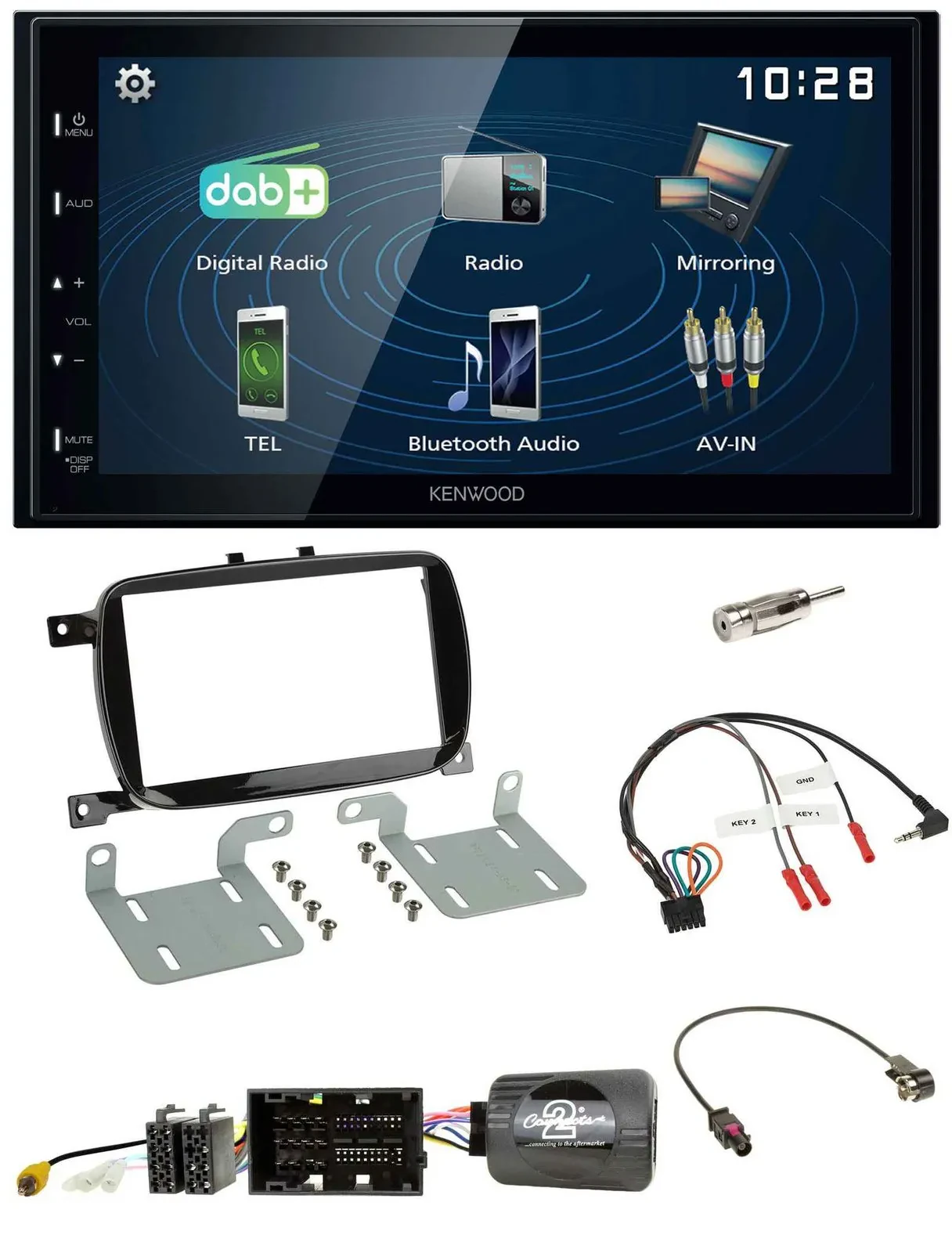 Автомагнитола Kenwood 2-DIN, Bluetooth, USB, DAB, поддержка управления на руле, для Fiat 500X (с 2016, Facelift)