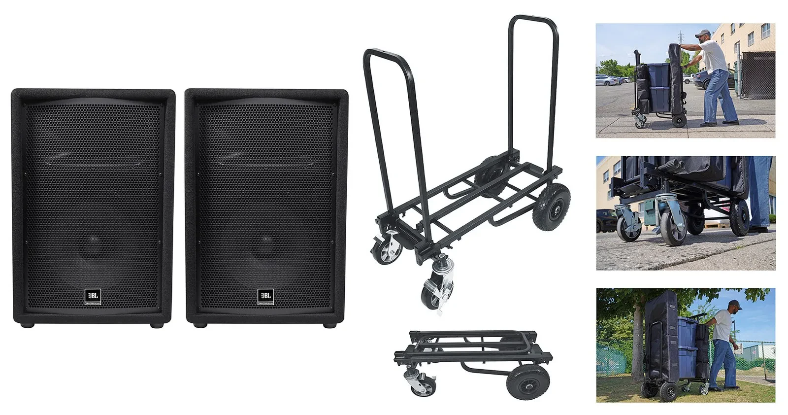 2) JBL JRX212 1000 Watt 12" Inch 2-Way DJ P/A Speakers Floor Wedge Monitors+Cart