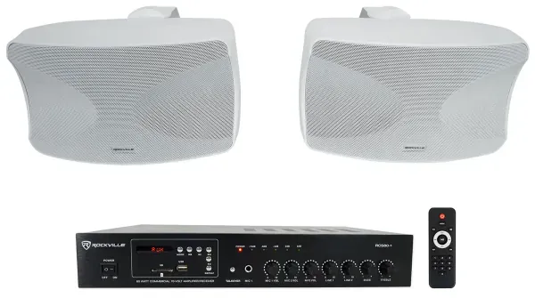 2 Rockville WET-44 PRO Dual 4" 4-Way Swivel 70V Commercial Speakers in White+Amp