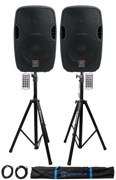 2) Rockville BPA10 10" Powered 400W DJ PA Speakers w/Bluetooth+Stands+Cables+Bag