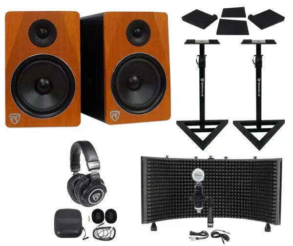 (2) Rockville APM8C 8" 500w Studio Monitors+Stands+Pads+Headphones+Mic+Shield