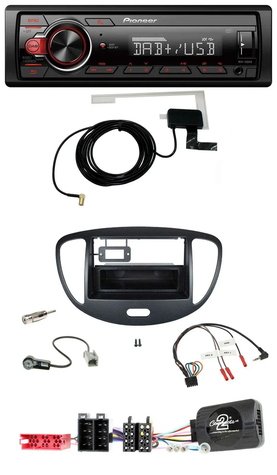 Автомагнитола Pioneer 1DIN MP3 DAB USB для Hyundai i10 (2009–2013), управление с руля, ISO, черный