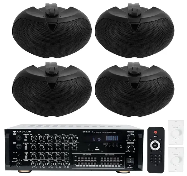 Rockville Amp+(4) Black Dual 4" Speakers+Wall Controls For Restaurant/Bar/Cafe